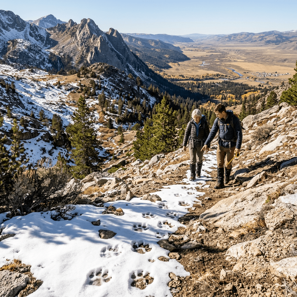 Two hikers walking on a snowy mountain trail with visible animal paw prints in the snow.