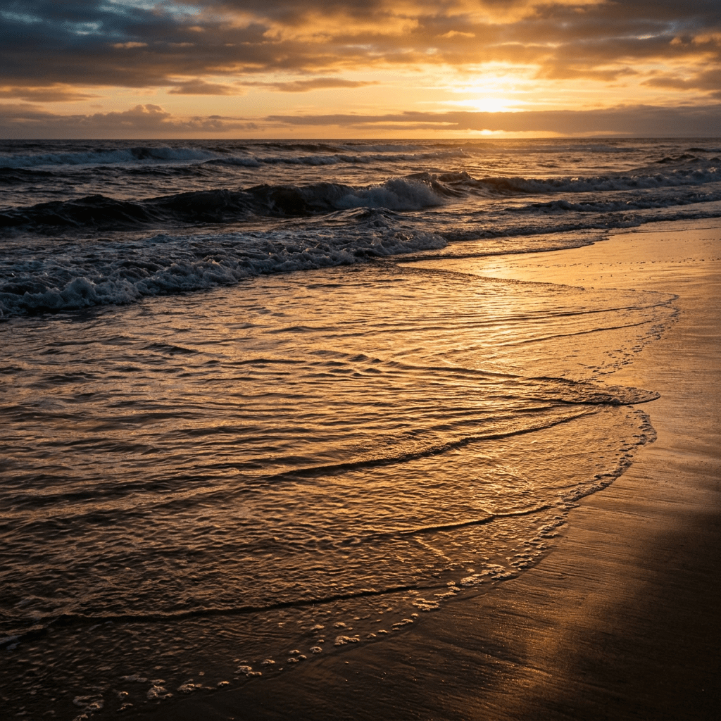Ocean waves gently washing onto a sandy beach under a golden sunset