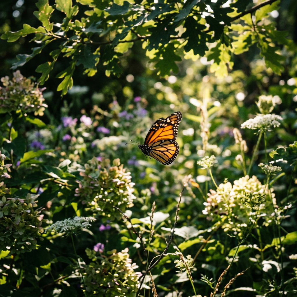 Orange and black monarch butterfly flying over wildflowers in a green garden