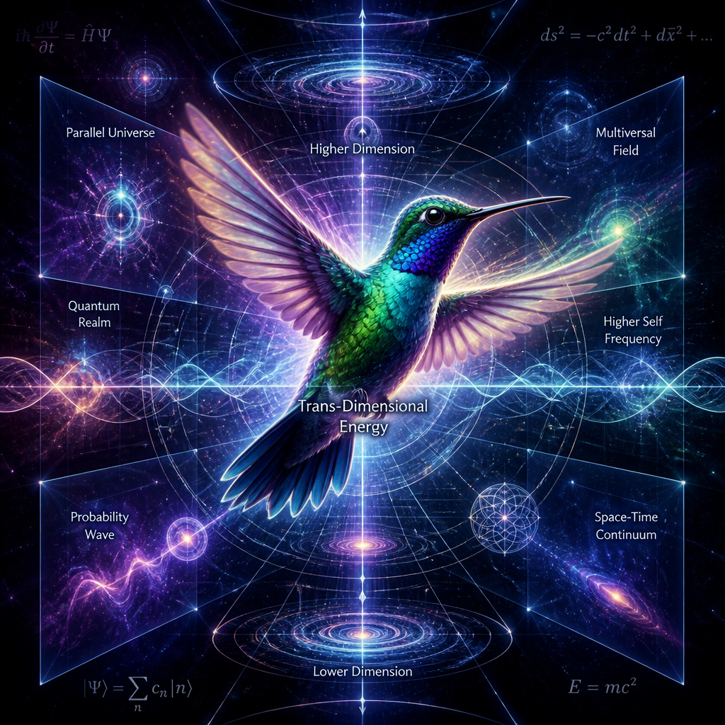 Iridescent hummingbird surrounded by quantum physics concepts and cosmic multiverse elements