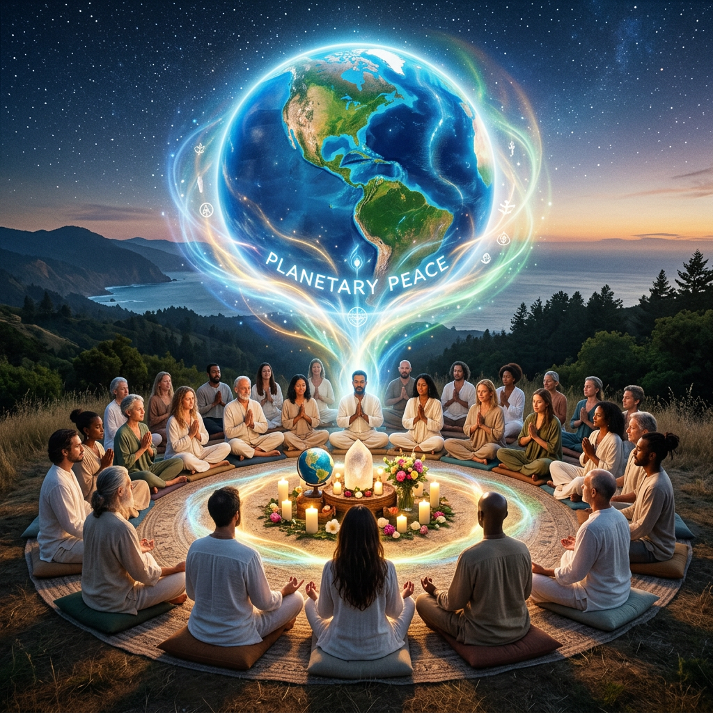 Diverse group meditating beneath glowing Earth labeled “PLANETARY PEACE”