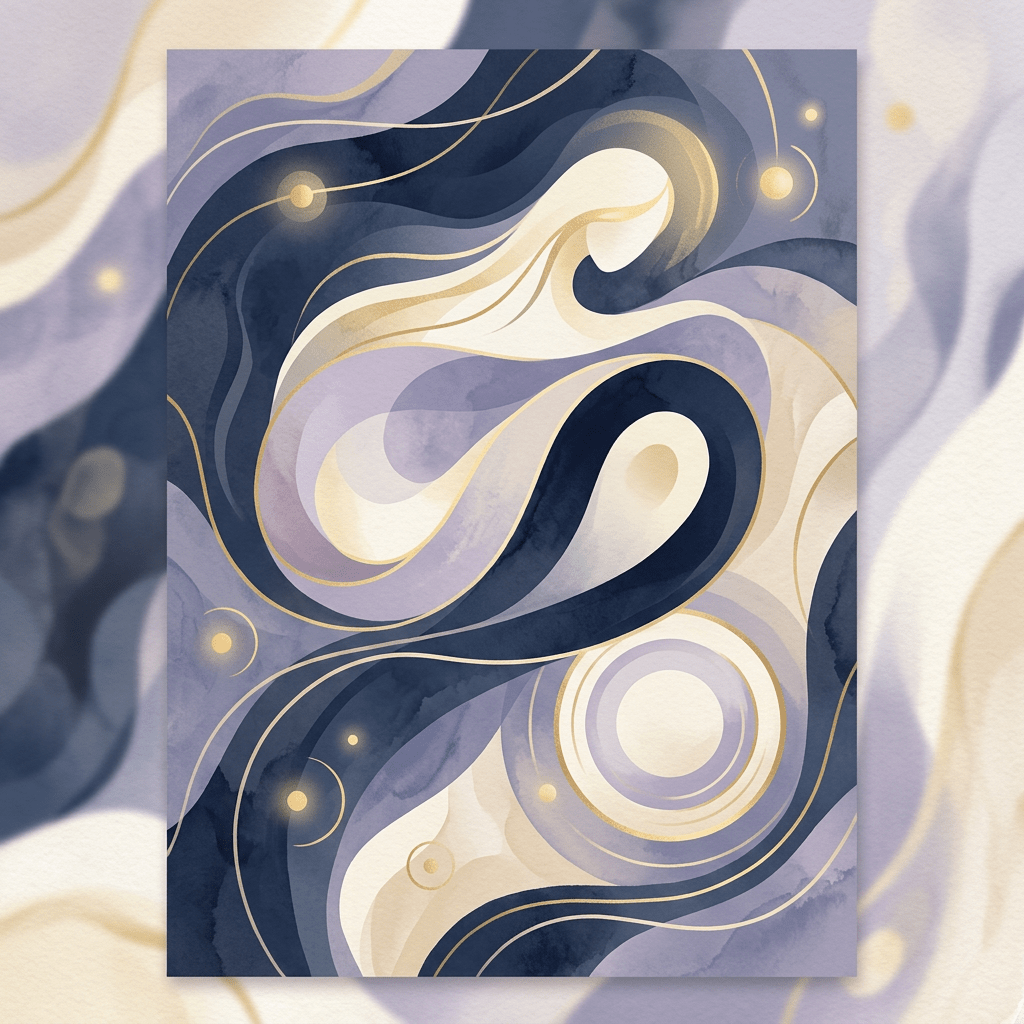 Abstract artwork with flowing indigo, lavender, cream, and gold shapes