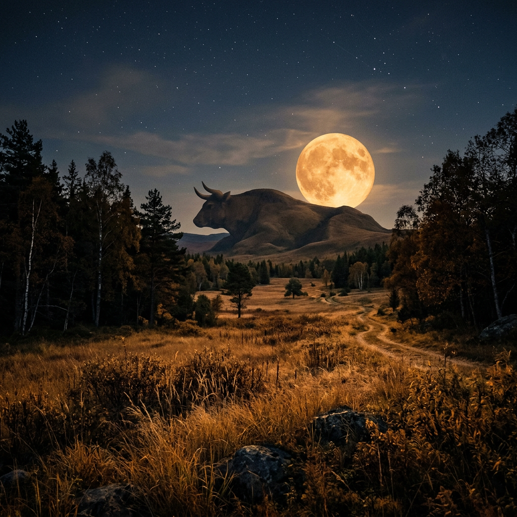 Full moon glowing behind a bull-shaped mountain in an autumn meadow