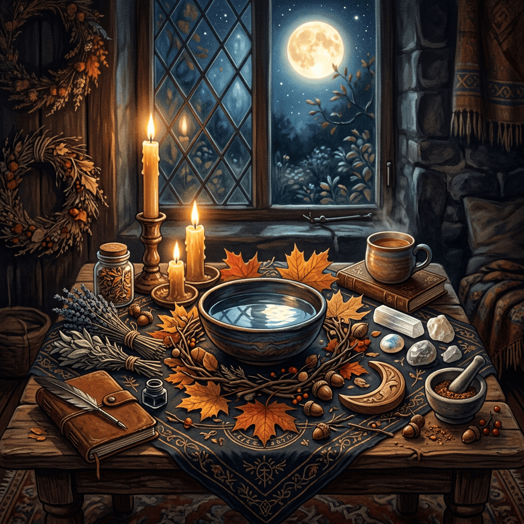Candles, herbs, books, leaves, crystals, and a bowl beneath a full moon