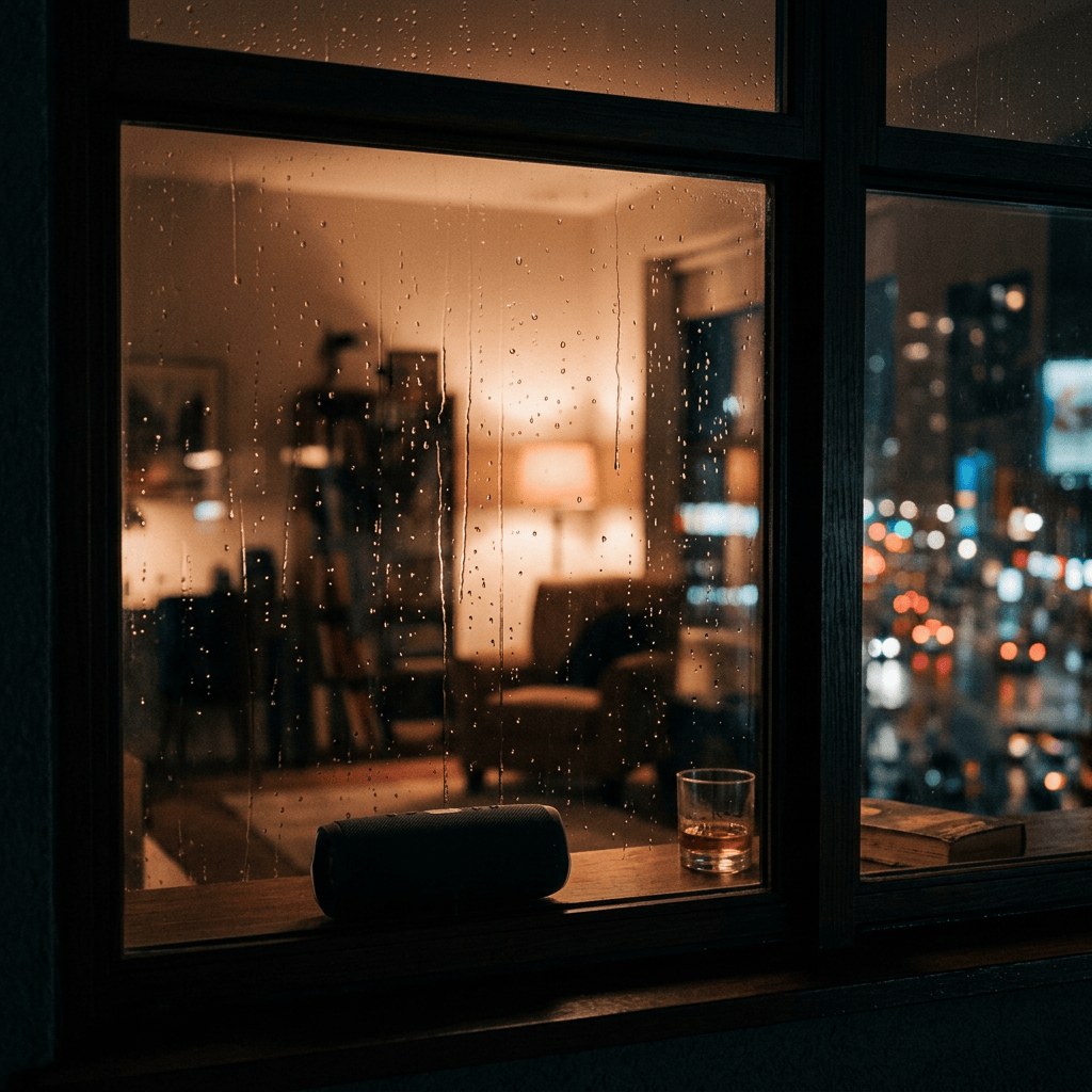 Speaker silhouetted beside rainy night window
