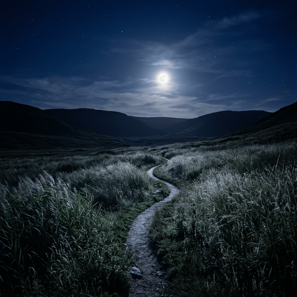 Winding trail through grassy hills beneath a bright moon and stars