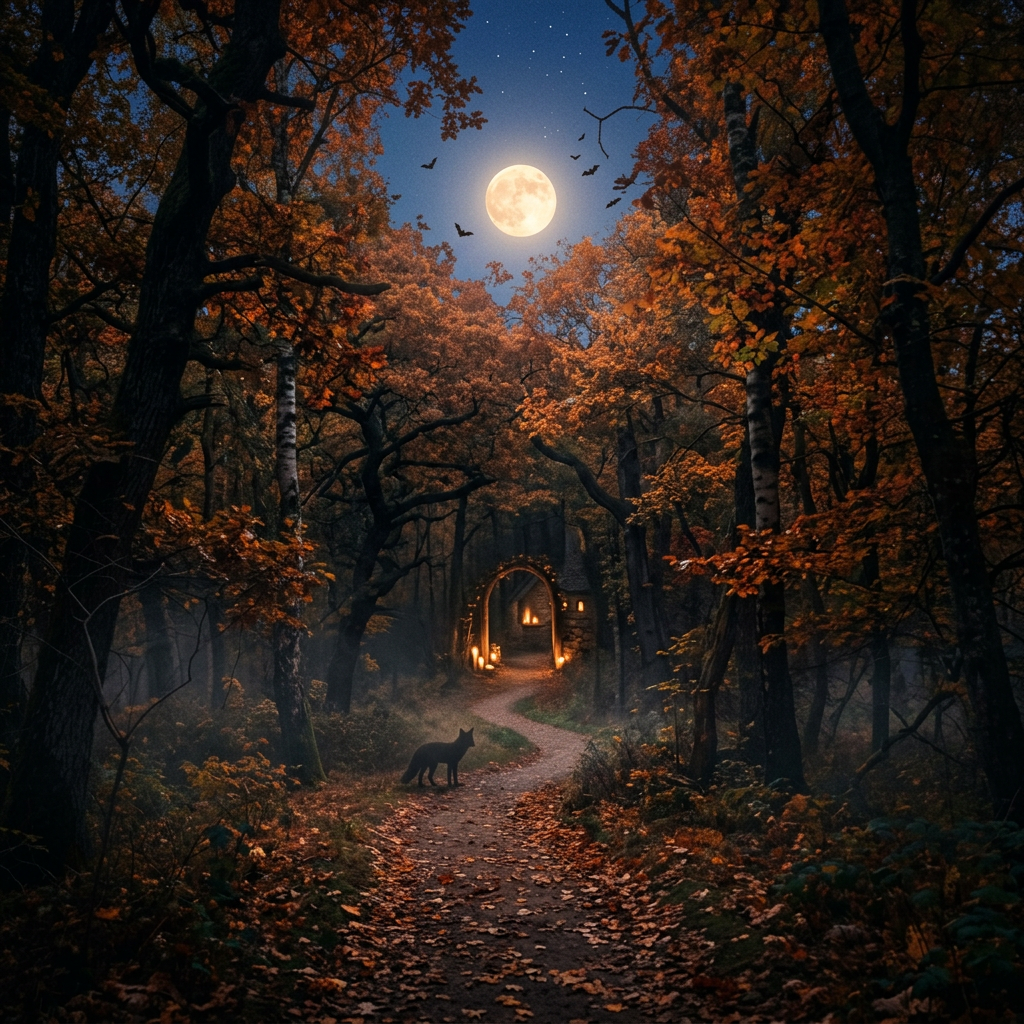 Autumn forest path leading to a candlelit doorway beneath a full moon