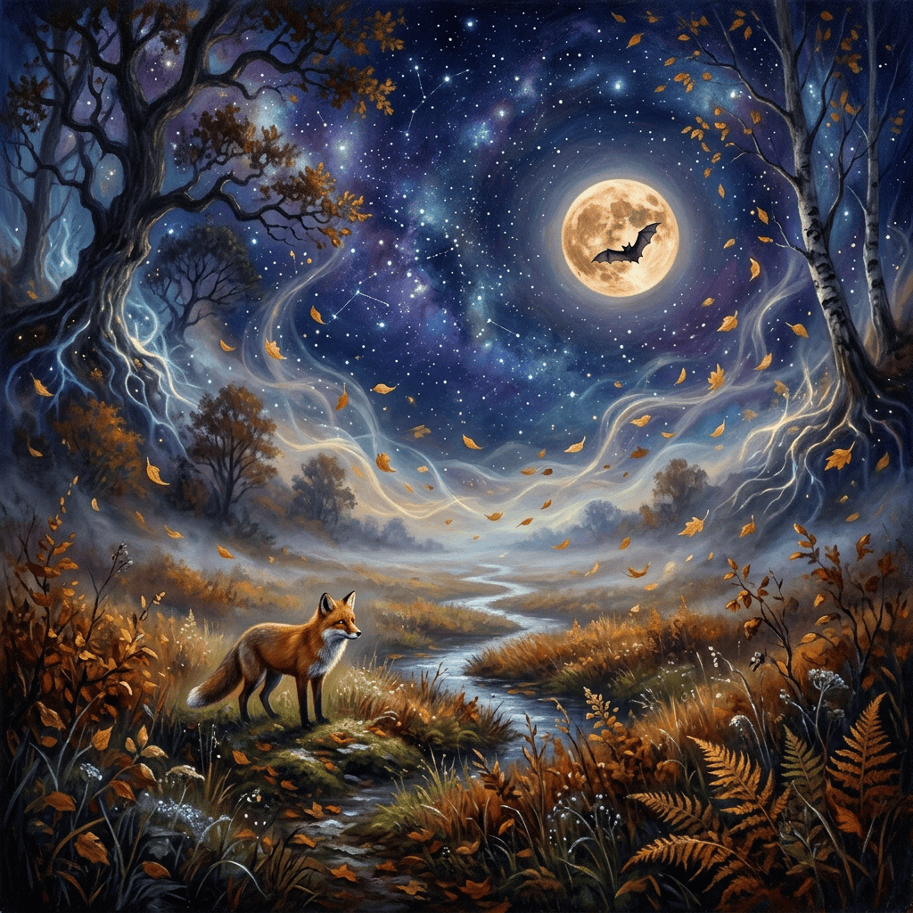 Fox beside a stream beneath a full moon and starry sky