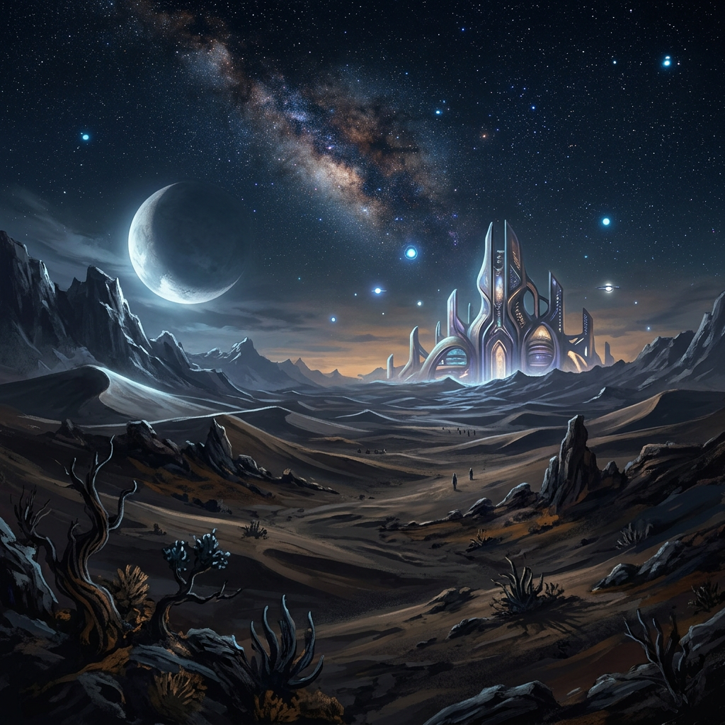 Futuristic alien city beneath a crescent moon and star-filled sky