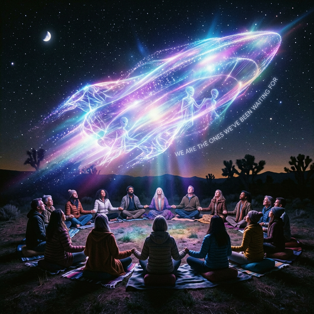 People meditating in a circle beneath cosmic figures; text reads “WE ARE THE ONES WE’VE BEEN WAITING FOR.”