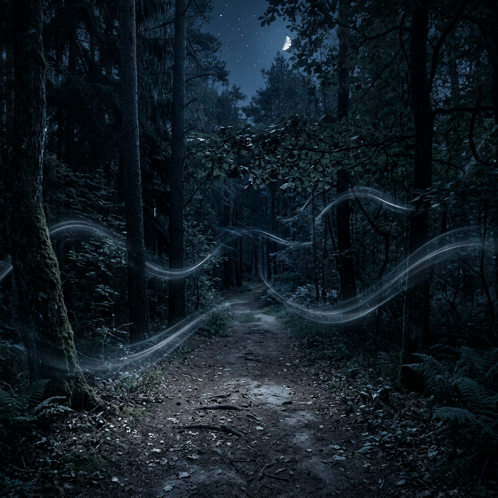 Moonlit forest path with glowing ribbons of light beneath a crescent moon