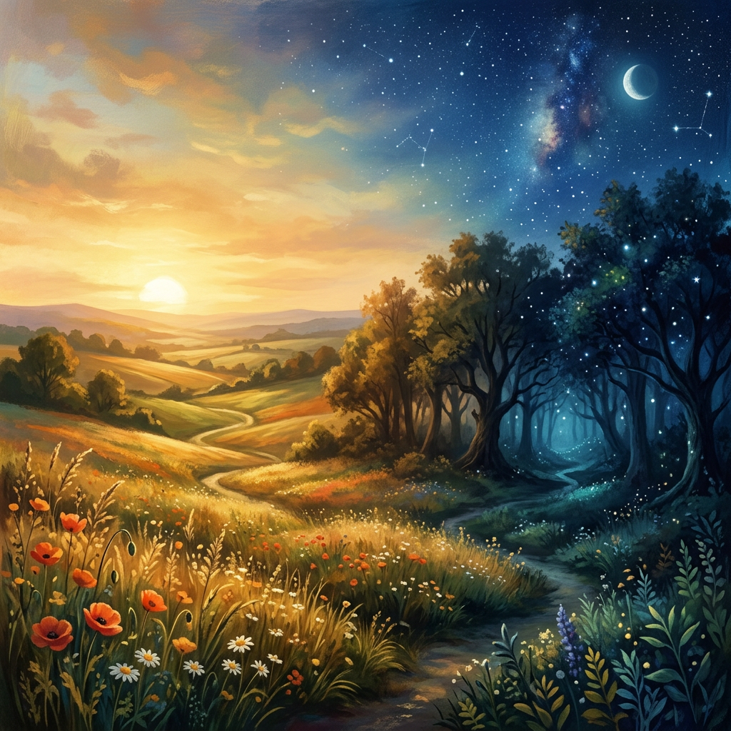 Winding path through a flower-filled meadow toward a moonlit forest