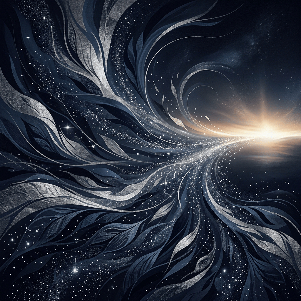 Abstract starry blue and silver currents flowing toward a bright horizon