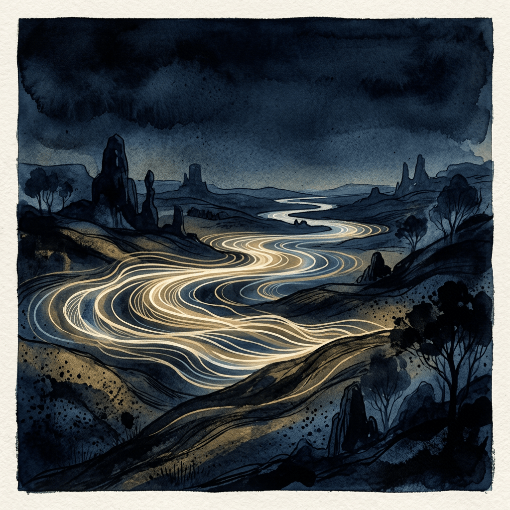 Glowing winding river flowing through a dark rocky landscape