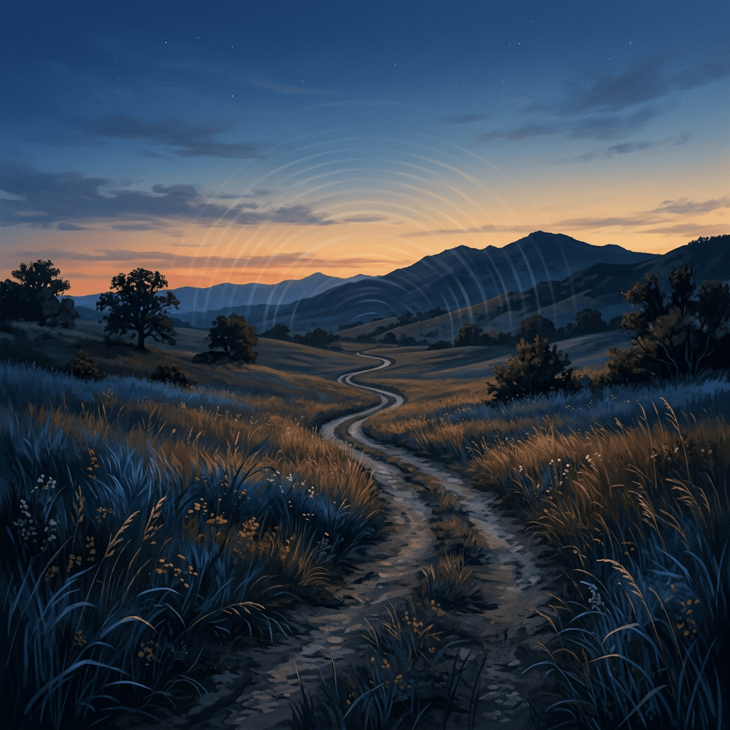 Winding path through grasslands toward mountains beneath a twilight sky