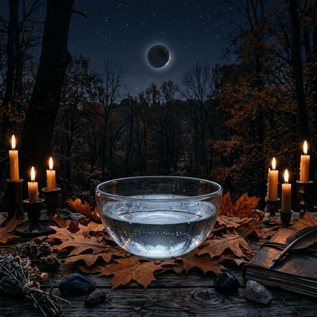 Glass bowl surrounded by candles and autumn leaves beneath a crescent moon