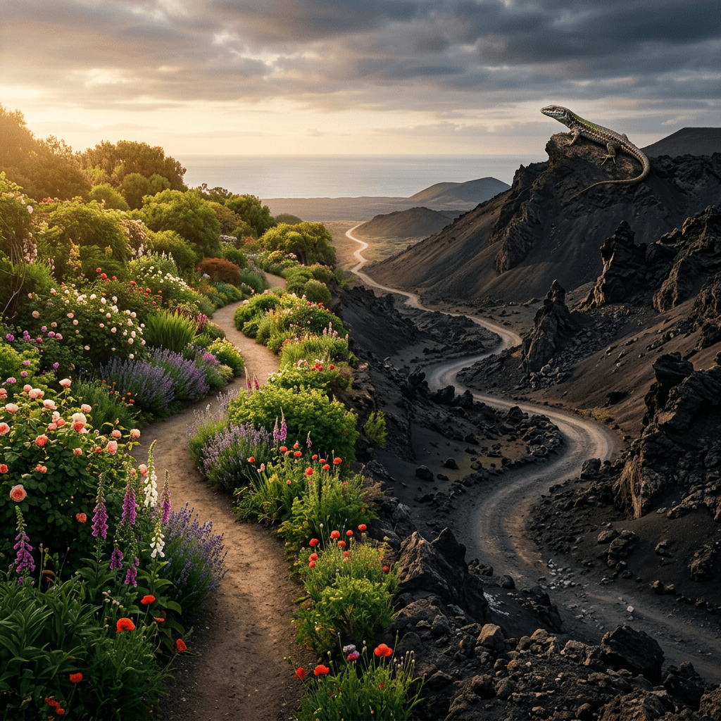 Flower-lined path beside volcanic rocks, with a lizard overlooking the coast